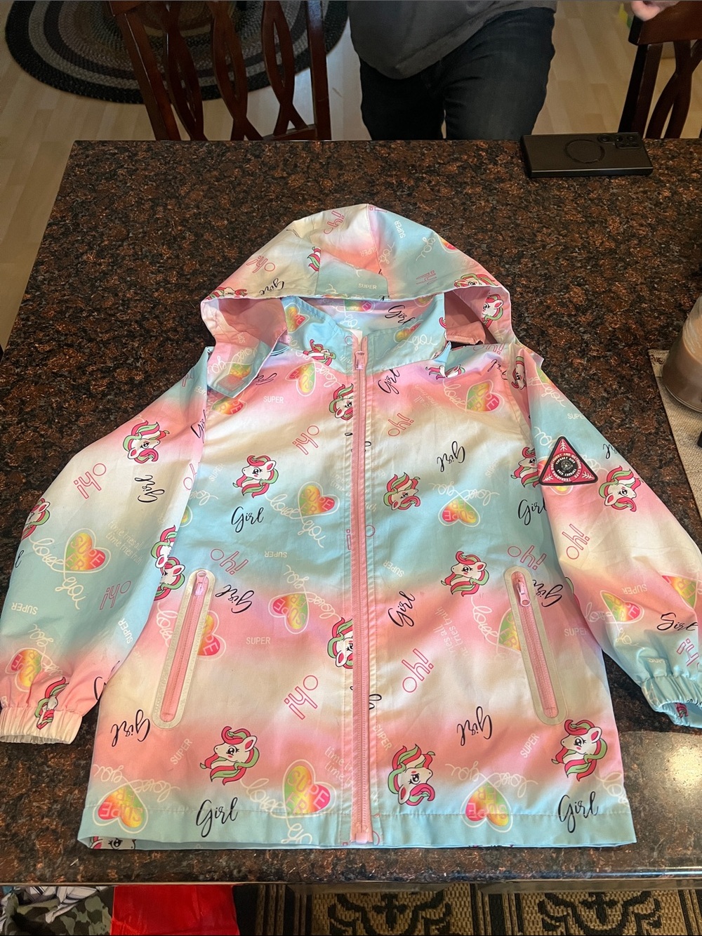 Girls' Pastel Unicorn Hooded Rain Jacket - Pink & Blue